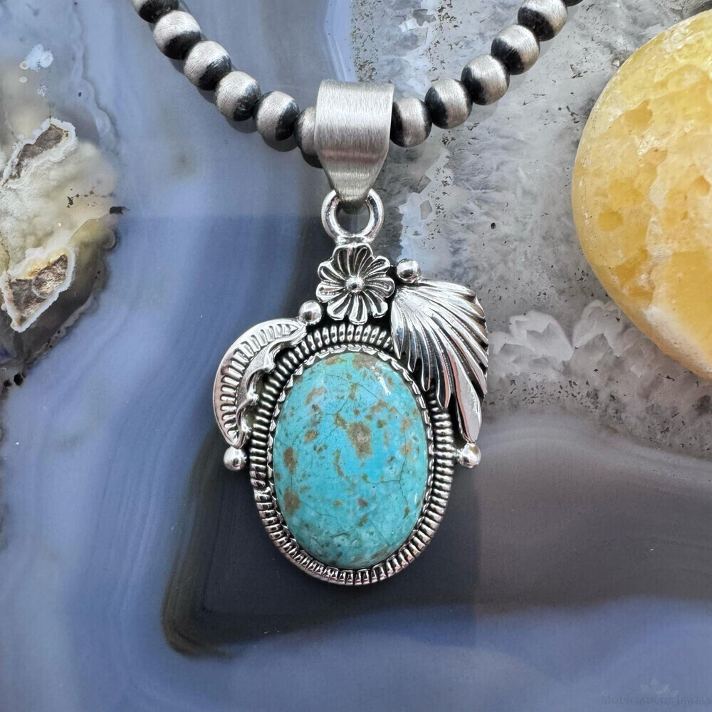 Sterling Southwestern Style Oval Turquoise Leaves Decorated Pendant For Women